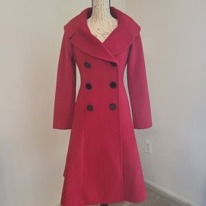 Red Wool Bebe Knee Length Double Breasted Coat, XS